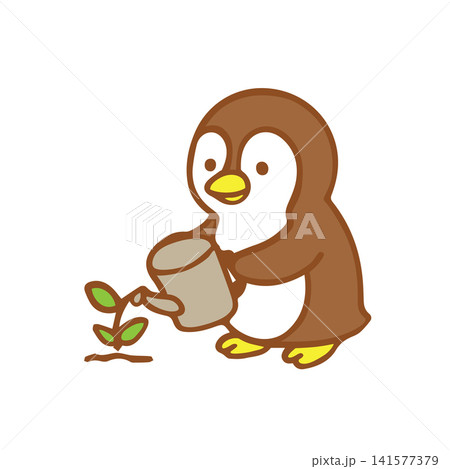 cute penguin watering plants 141577379