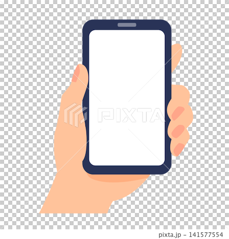 Illustration of a hand holding a smartphone (white screen, mockup) 141577554