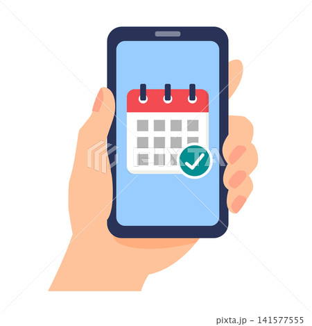 スマートフォンの予約カレンダー画面を持つ手のイラスト 141577555