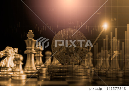 Modern way of exchange. Bitcoin is convenient payment in global economy market. Virtual digital currency and financial investment trade concept. Abstract cryptocurrency with gold bitcoin background. Modern way of exchange. Bitcoin is convenient payment in global economy market. Virtual digital currency and financial investment trade concept. Abstract cryptocurrency with gold bitcoin background. 141577848