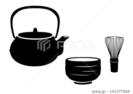 鉄瓶・茶碗・茶筅を配置した茶道具のベクターイラスト 141577984