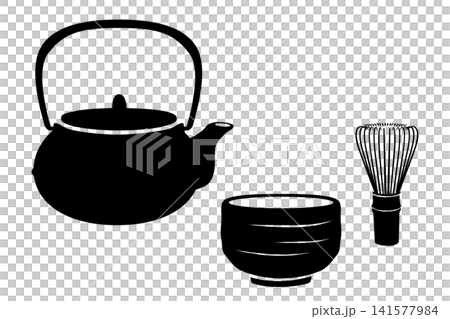 鉄瓶・茶碗・茶筅を配置した茶道具のベクターイラスト 141577984