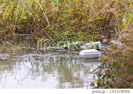 Plastic bottles foam food container floating polluted wetland water highlighting environmental pollution improper waste disposal freshwater ecosystem contamination Plastic bottles foam food container floating polluted wetland water highlighting environmental pollution improper waste disposal freshwater ecosystem contamination 141578099