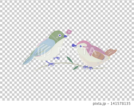 一隻繡眼鳥和一隻麻雀一起棲息在樹枝上。 一隻繡眼鳥和一隻麻雀一起棲息在樹枝上。 141578135