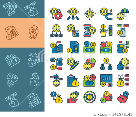 Finance and Money Management Icon Set. Filled Outline Vector Icons for Budgeting, Investment, Savings, Business and Banking. Finance and Money Management Icon Set. Filled Outline Vector Icons for Budgeting, Investment, Savings, Business and Banking. 141578143