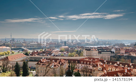 Panoramic Skyline View of Historic Prague City Under Clear Blue Spring Sky Panoramic Skyline View of Historic Prague City Under Clear Blue Spring Sky 141578194