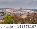 Panoramic View of Prague Castle Above Historic City Rooftops in Spring Light 141578197