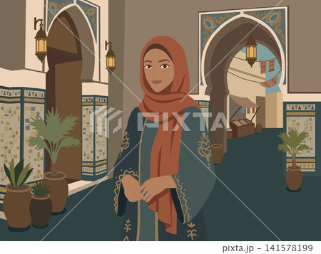 アラブの街並みと民族衣装の女性イラスト アラブの街並みと民族衣装の女性イラスト 141578199