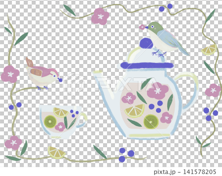 A botanical frame featuring a bird and a teapot. 141578205