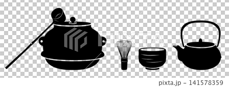 日本の茶道文化を表現した茶道具コレクションイラスト 141578359