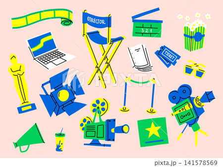 Cartoon Color Movies Items Set Film Industry Concept Flat Design Style with Elements Thin Line. Vector illustration Cartoon Color Movies Items Set Film Industry Concept Flat Design Style with Elements Thin Line. Vector illustration 141578569