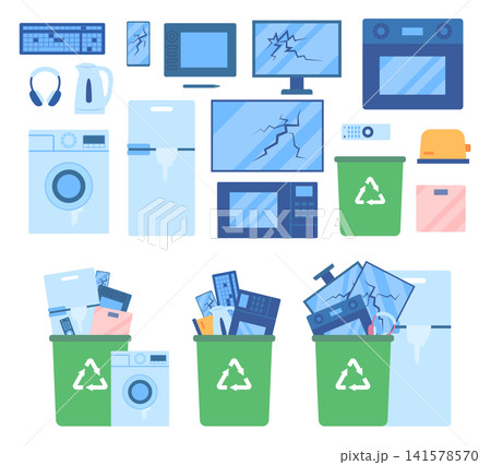 Cartoon Color Different Broken Appliances and Recycling Bins Set Grouped Electronic Waste Concept Flat Design Style . Vector illustration 141578570
