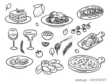 Italian Food Black Thin Line Set Hand Drawn Doodle Style. Vector illustration of Pizza, Tiramisu and Pasta Italian Food Black Thin Line Set Hand Drawn Doodle Style. Vector illustration of Pizza, Tiramisu and Pasta 141578577