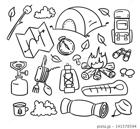 Camping Signs Black Thin Line Set Hand Drawn Doodle Style. Vector illustration of Tent, Backpack and Compass Camping Signs Black Thin Line Set Hand Drawn Doodle Style. Vector illustration of Tent, Backpack and Compass 141578594