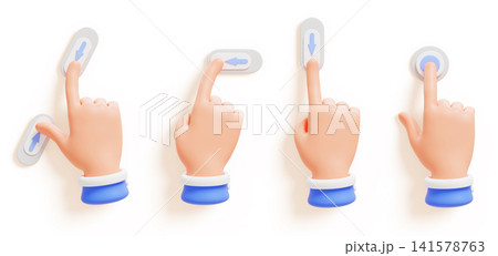 3D cartoon hands set with different touch screen gestures - pinch, swipe and tap on interface elements, fingers press buttons and sliders. Man arms click icon, push toggle switch. 3D illustration 141578763