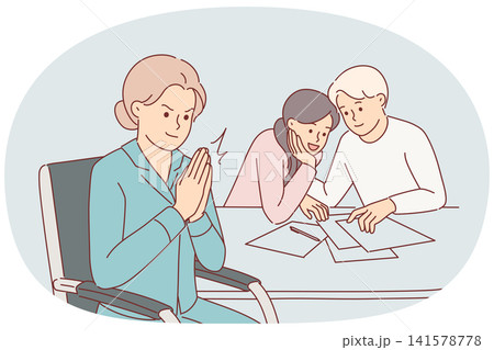 Cunning woman broker rubs palms and rejoices at completion of bad deal, sitting at table near couple 141578778