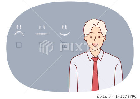 User experience business man, used services career consultant, standing near checkboxes with emojis User experience business man, used services career consultant, standing near checkboxes with emojis 141578796