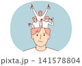 Man external calm hides joy and euphoria, in form of little people dancing inside head 141578804