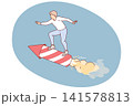 Man strives for success, standing on flying rocket, as metaphor for launching startup 141578813
