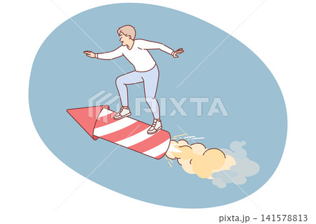 Man strives for success, standing on flying rocket, as metaphor for launching startup 141578813