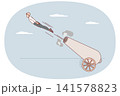 Business man demonstrates willingness to take risks, flies out of retro cannon instead of cannonball 141578823