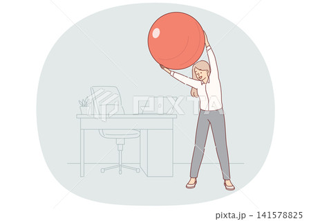 Woman office manager does gymnastics at workplace, uses pilates ball to stretch spine 141578825