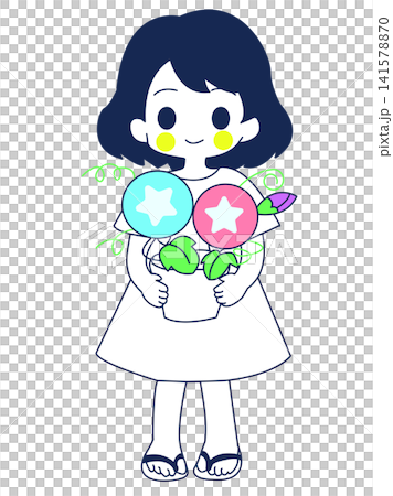 あさがおの鉢植えを持つ女の子 あさがおの鉢植えを持つ女の子 141578870