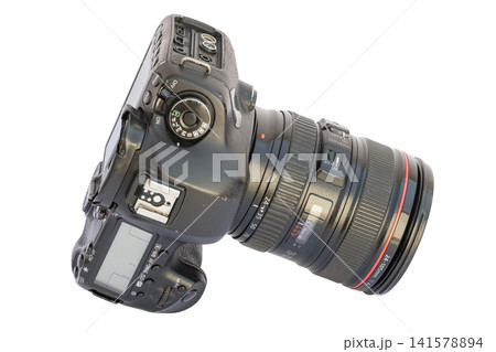 Professional DSLR Camera with Zoom Lens on White Background Professional DSLR Camera with Zoom Lens on White Background 141578894
