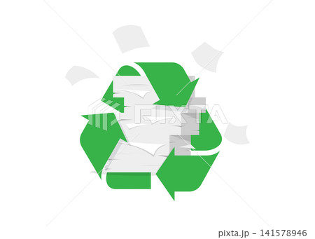 paper recycling symbol with stack of documents and falling sheets paper recycling symbol with stack of documents and falling sheets 141578946