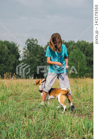 Young girl playing with her dog in green meadow during holi color festival. Young girl playing with her dog in green meadow during holi color festival. 141579368