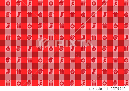 Festive red plaid seamless pattern with Santa Claus, gifts, stockings and baubles for Christmas Festive red plaid seamless pattern with Santa Claus, gifts, stockings and baubles for Christmas 141579942