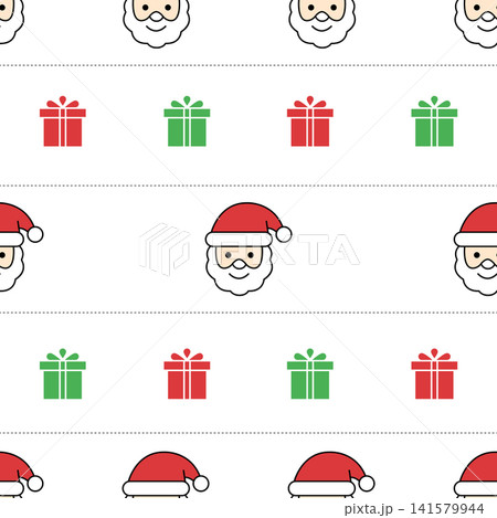 Seamless Christmas pattern featuring cute Santa Claus faces, red and green gift boxes Seamless Christmas pattern featuring cute Santa Claus faces, red and green gift boxes 141579944