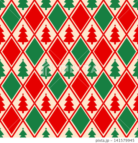 Festive Christmas seamless pattern with red and green pine trees and geometric diamond shapes Festive Christmas seamless pattern with red and green pine trees and geometric diamond shapes 141579945