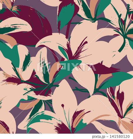 Abstract vector floral seamless pattern featuring artistic lilies with brushstrokes for textile, fashion, packaging, and home decor background. 141580120