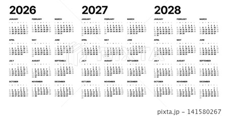 Annual calendar template, one page, Sunday start. 141580267
