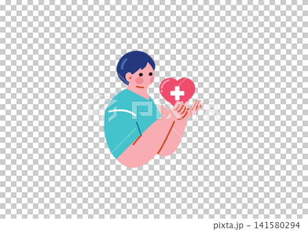Illustration of a male nurse holding a heart Illustration of a male nurse holding a heart 141580294