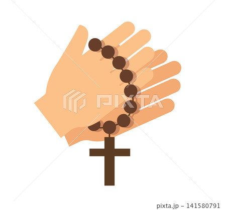 Hands Holding Wooden Rosary Beads with Cross in Prayer	 141580791