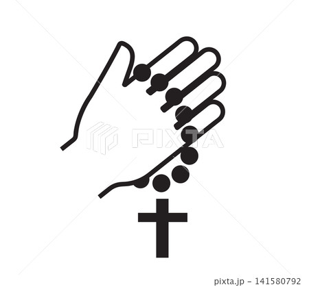 Hands Holding Wooden Rosary Beads with Cross in Prayer Hands Holding Wooden Rosary Beads with Cross in Prayer 141580792