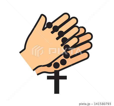Hands Holding Wooden Rosary Beads with Cross in Prayer	 141580793