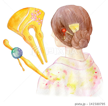 水彩イラスト　手描きイラスト　鼈甲のかんざし 141580795