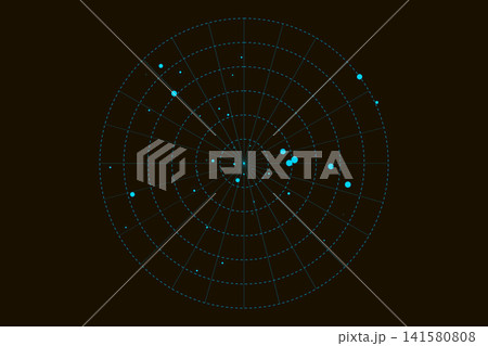 Cyan Radar Grid Background with Sonar Rings, Digital Technology Vector Illustration 141580808