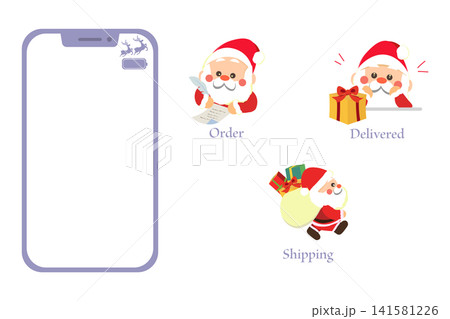クリスマス仕様のスマホ画面と通販サンタアイコン3種セット クリスマス仕様のスマホ画面と通販サンタアイコン3種セット 141581226