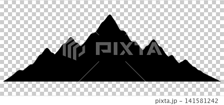 Black silhouette of a jagged mountain range with peaks and ridges, isolated on a transparent background. Black silhouette of a jagged mountain range with peaks and ridges, isolated on a transparent background. 141581242