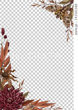 Autumn botanical frame with moth and wildflowers. Blank floral template for cards, flyers, posters, and invitations. 141581388