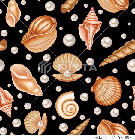 Seamless watercolor pattern featuring various sea shells, spiraled conchs, and elegant white pearls. Children's, nautical, travel themes. Suitable for design, prints, postcards, sea travel Seamless watercolor pattern featuring various sea shells, spiraled conchs, and elegant white pearls. Children's, nautical, travel themes. Suitable for design, prints, postcards, sea travel 141581898