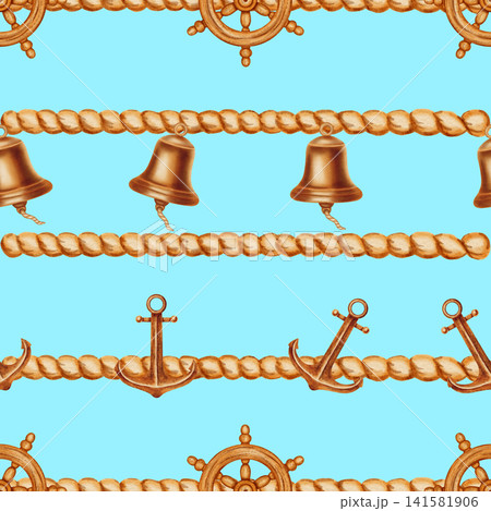 Nautical seamless pattern featuring watercolor ship bells, anchors, and wooden steering wheels connected by thick marine ropes. Children's, nautical, travel themes. Suitable for postcards, sea travel Nautical seamless pattern featuring watercolor ship bells, anchors, and wooden steering wheels connected by thick marine ropes. Children's, nautical, travel themes. Suitable for postcards, sea travel 141581906