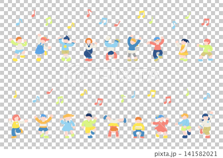 横に並んで楽しそうに踊るこども達のフラットなイラスト(セット) 横に並んで楽しそうに踊るこども達のフラットなイラスト(セット) 141582021