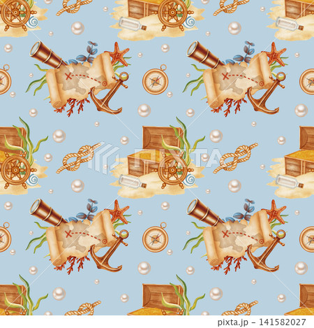 Pirate treasure seamless pattern featuring watercolor treasure maps, open chests with gold, spyglasses, pearls. Children's, nautical, travel themes. Suitable for design, prints, postcards, sea travel Pirate treasure seamless pattern featuring watercolor treasure maps, open chests with gold, spyglasses, pearls. Children's, nautical, travel themes. Suitable for design, prints, postcards, sea travel 141582027