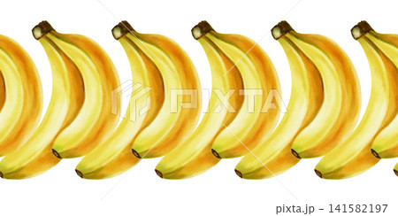 Watercolor illustration seamless border of ripe yellow bananas. Hand drawn tropical fruit pattern. Botanical art for food packaging, fabrics, wallpaper, kitchen decor, cafe menus Watercolor illustration seamless border of ripe yellow bananas. Hand drawn tropical fruit pattern. Botanical art for food packaging, fabrics, wallpaper, kitchen decor, cafe menus 141582197