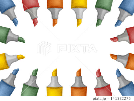 Hand drawn watercolor school stationery background. Frame made of bright colorful felt tip markers or highlighters isolated on white, text copy space. Hand drawn watercolor school stationery background. Frame made of bright colorful felt tip markers or highlighters isolated on white, text copy space. 141582276
